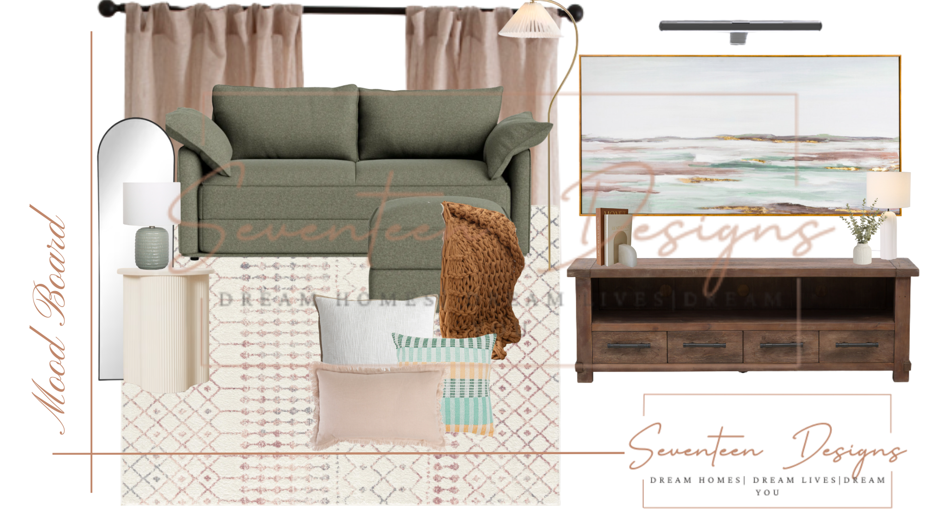 Collage of interior design elements including a sofa, TV stand, and decorative items with 'Seventeen Designs' branding. 