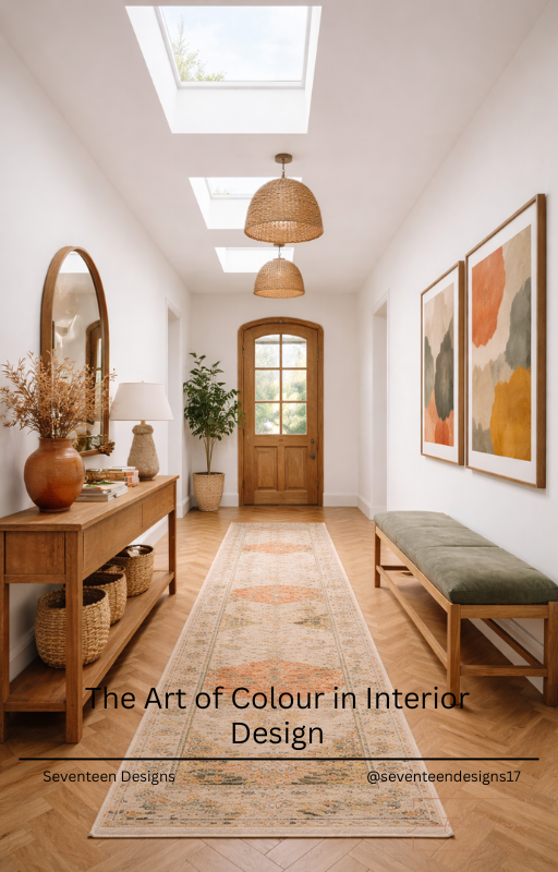 Modern interior hallway with wooden furniture, abstract art, and a skylight.