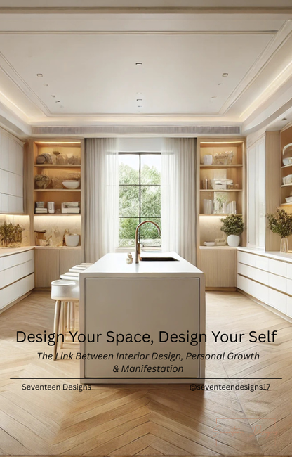 Modern kitchen with white island and shelves, featuring the text 'Design Your Space, Design Your Self'.