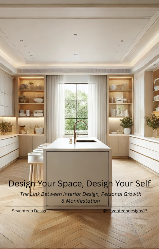 Modern kitchen with white island and shelves, featuring the text 'Design Your Space, Design Your Self'.