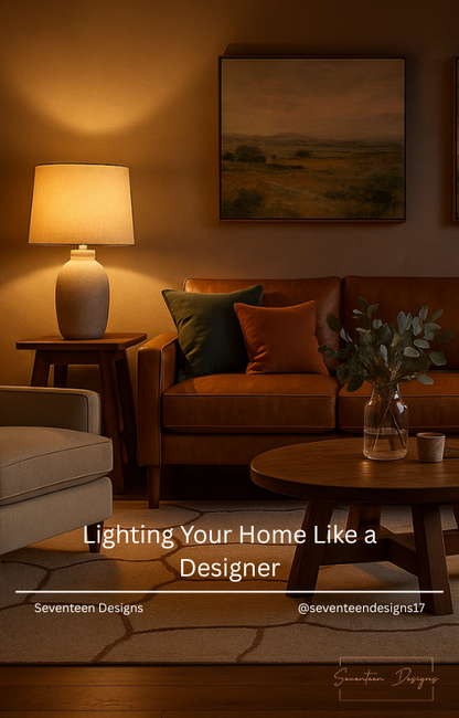Living room with warm lighting, lamp, and painting on the wall.