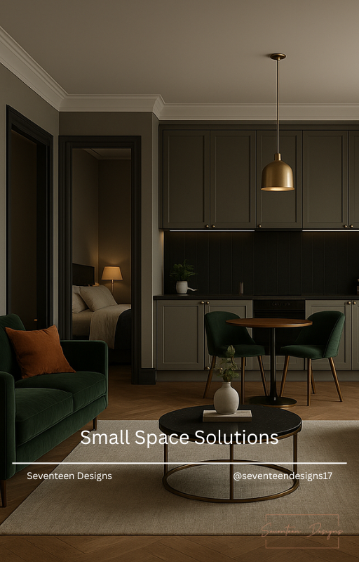 Modern kitchen and living room with 'Small Space Solutions' text overlay.
