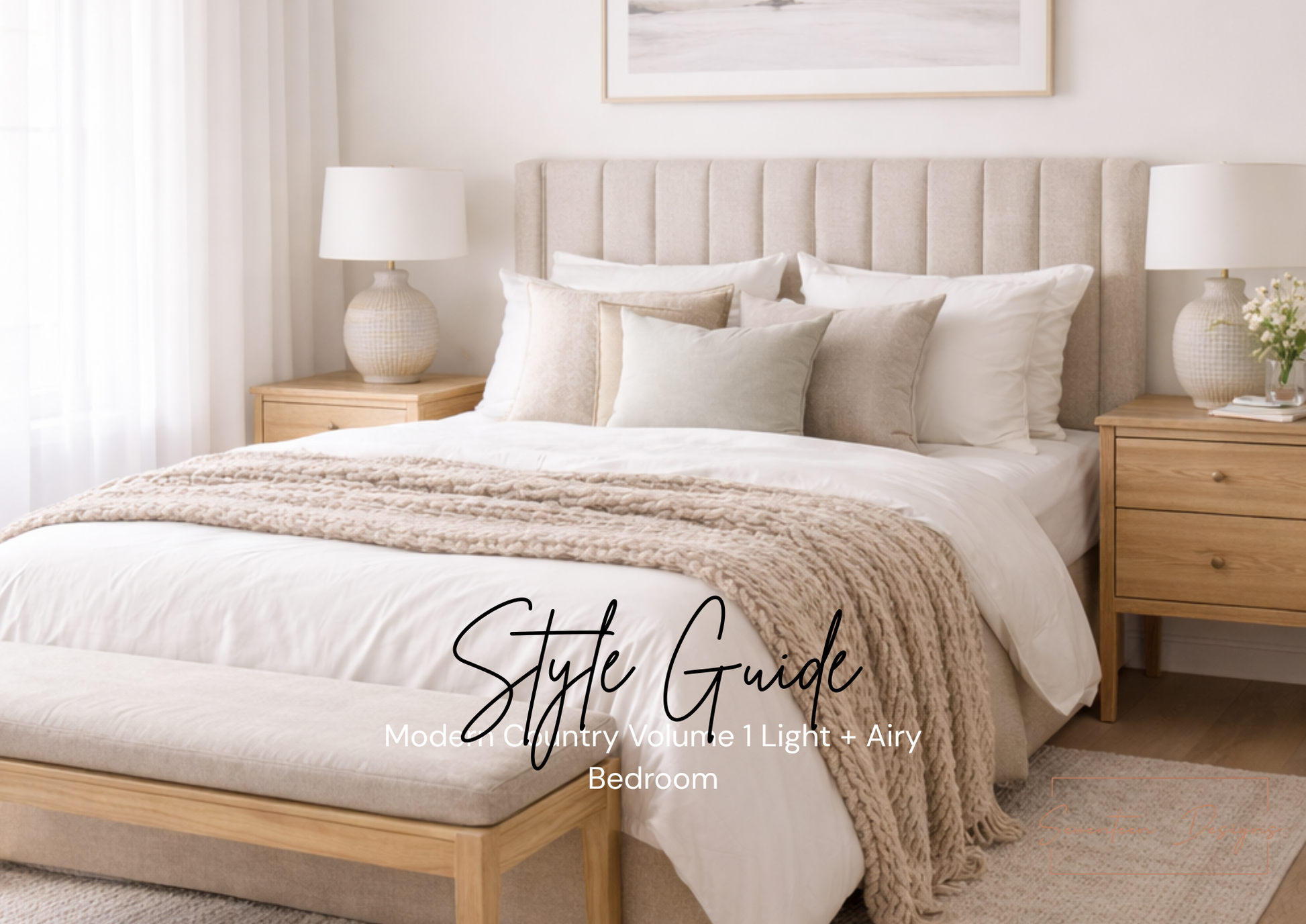Neatly made bed with neutral tones in a bedroom setting, featuring 'Style Guide' text.
