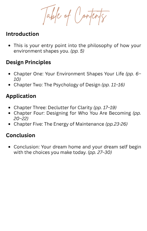 Table of contents for a book on interior design philosophy and principles.