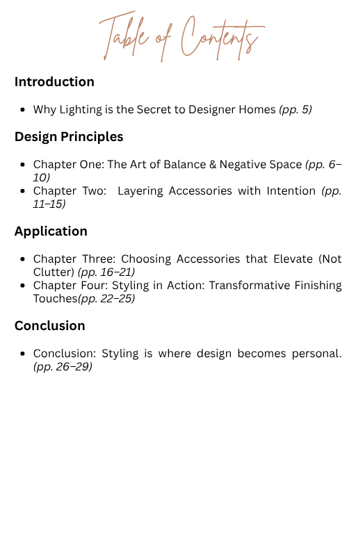 Table of contents for a book or document on interior design, specifically about lighting and accessorizing homes.