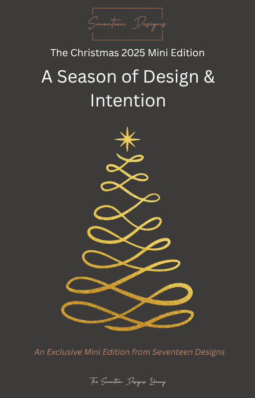 Cover of 'A Season of Design & Intention' with a gold Christmas tree design on a dark background. By Seventeen Designs Library