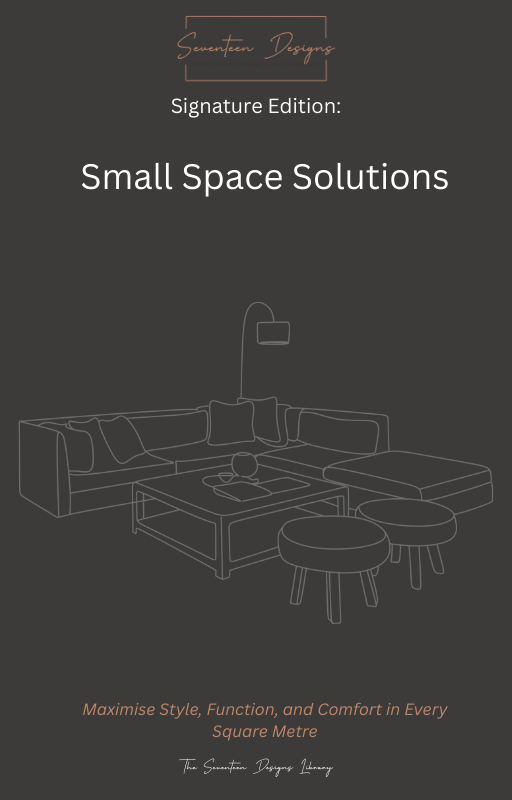 Cover of 'Small Space Solutions' by Seventeen Designs with a minimalist line drawing of a living room layout.