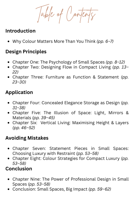 Table of contents for a book or document on interior design, focusing on color psychology and small space design.