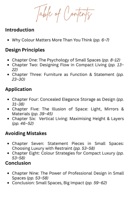 Table of contents for a book or document on interior design, focusing on color psychology and small space design.