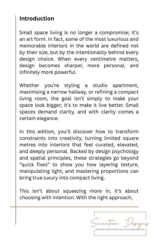 Text document with introduction to small space living design principles. 