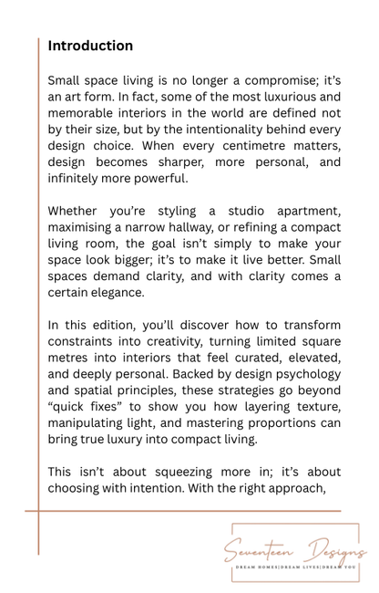 Text document with introduction to small space living design principles. 