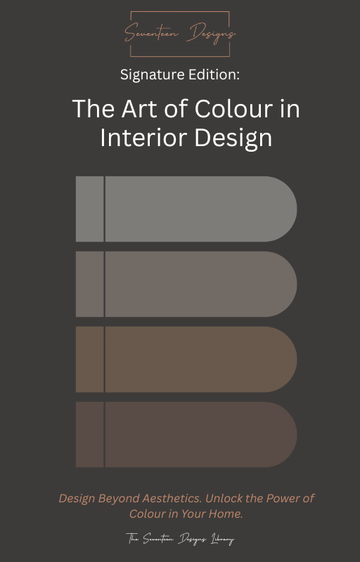 Book cover of 'The Art of Colour in Interior Design' by Seventeen Designs with color swatches and branding.