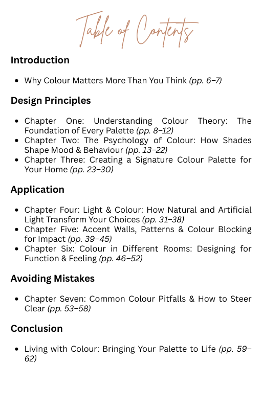 Table of contents for a book or document on color theory and design.