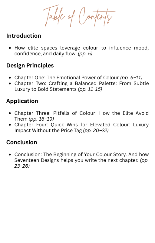 Table of contents for a book or document on color theory and design by seventeen designs