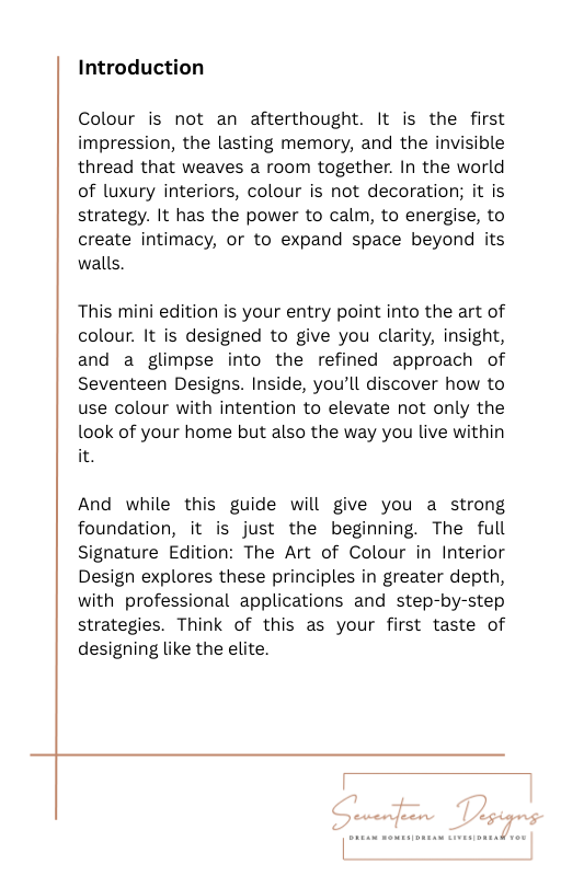 Text introduction to the art of colour in interior design by Seventeen Designs.