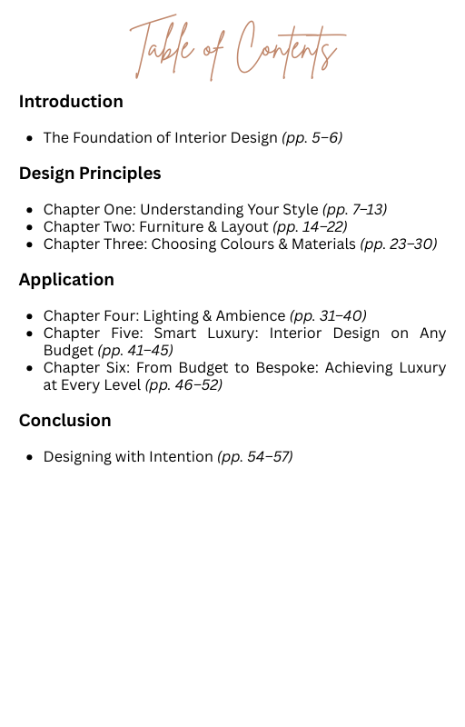 Table of contents for an interior design book on a white background. by Seventeen Designs