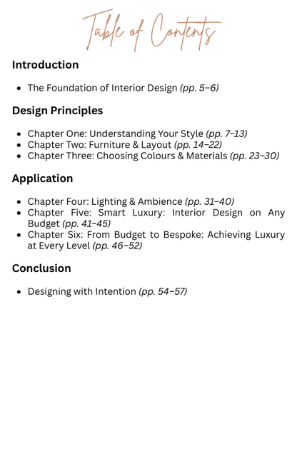 Table of contents for an interior design book on a white background. by Seventeen Designs