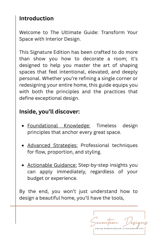 Introduction page of a design guide with text about interior design principles and strategies. By Seventeen Designs