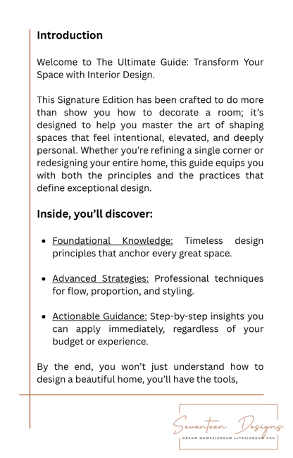Introduction page of a design guide with text about interior design principles and strategies. By Seventeen Designs