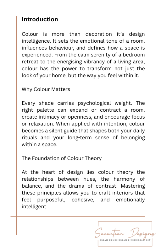 Text document about the importance of color in design and its psychological impact on spaces.