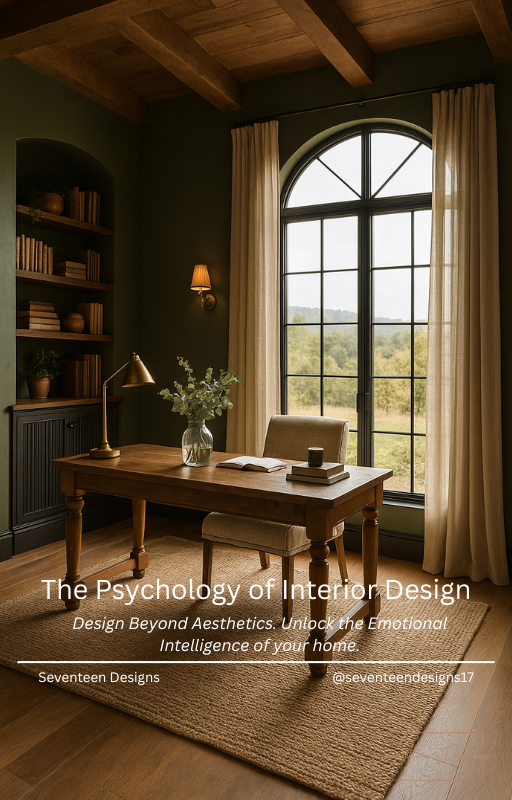 Home office with wooden desk, bookshelf, and large window, featuring text about interior design psychology.