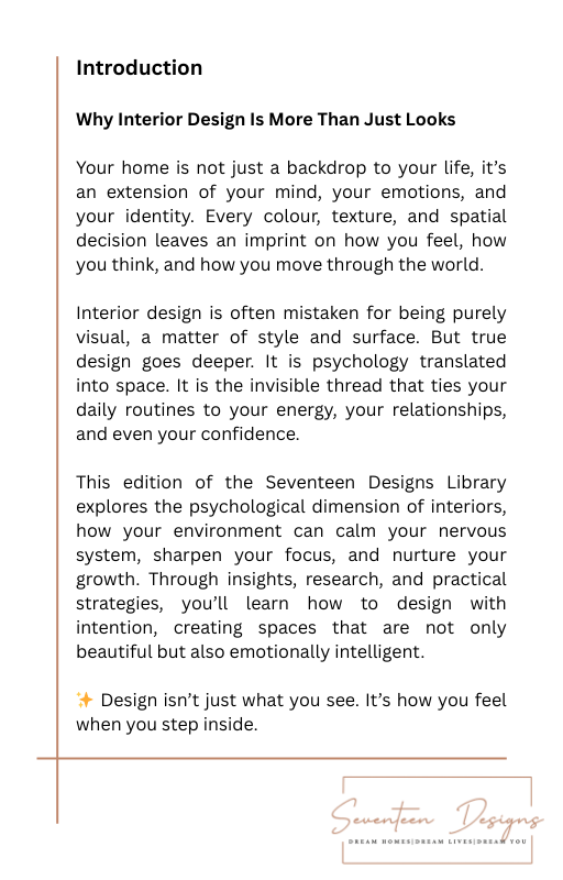 Introduction page from a book or document about interior design and its psychological impact.