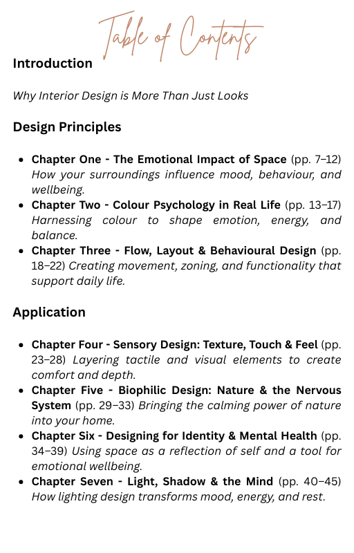 Table of contents for a book on interior design principles and applications.