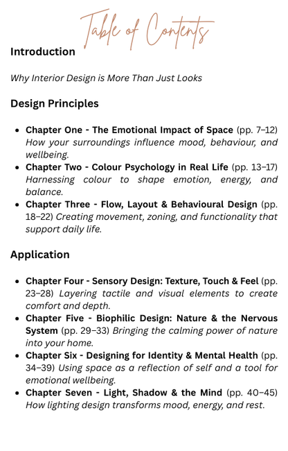 Table of contents for a book on interior design principles and applications.