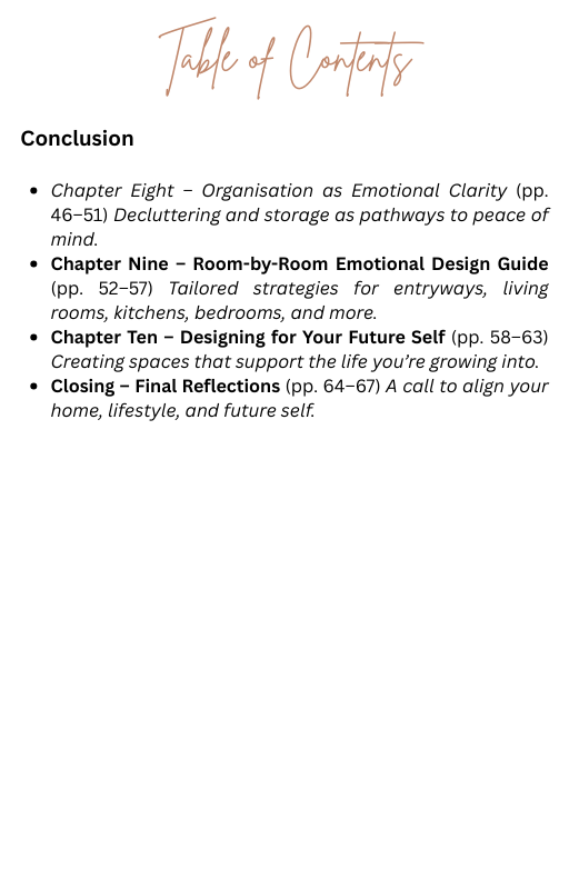 Table of contents for a book or document on emotional design and organization.