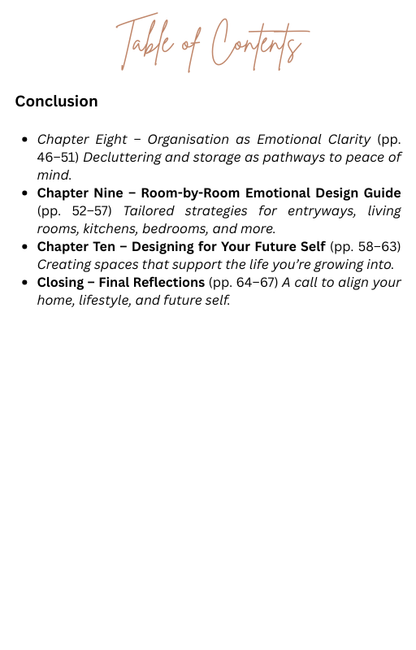 Table of contents for a book or document on emotional design and organization.