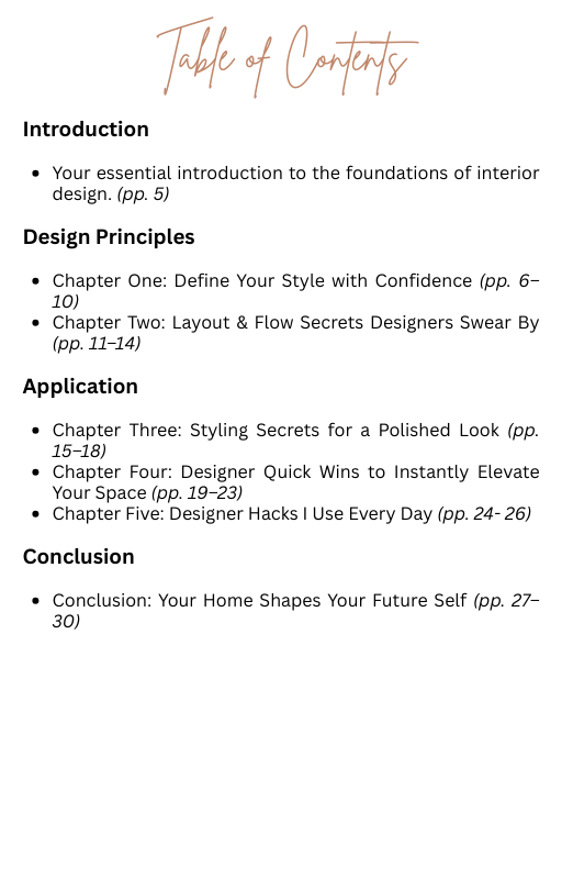 Table of contents for an interior design book with chapter headings and page ranges.