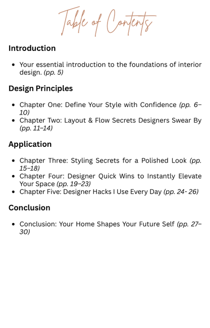 Table of contents for an interior design book with chapter headings and page ranges.