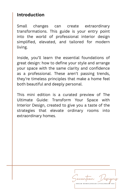Introduction page of a professional interior design guide with text on a white background, with Seventeen Designs branding.