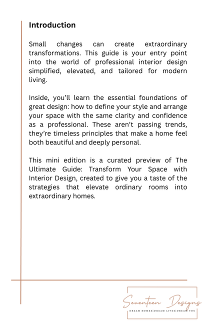 Introduction page of a professional interior design guide with text on a white background, with Seventeen Designs branding.