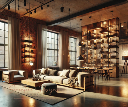 Modern living room with industrial design elements, including a bookshelf and exposed brick wall,  with Seventeen Designs branding