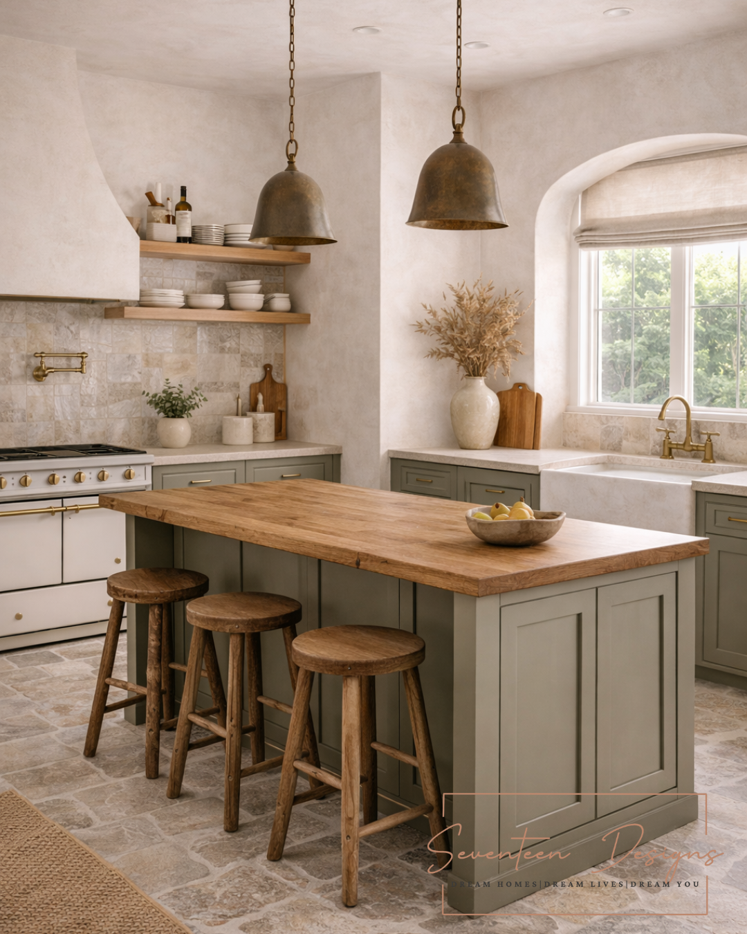 Modern kitchen with wooden island and bar stools, featuring a neutral color palette. 'Seventeen Designs' branded
